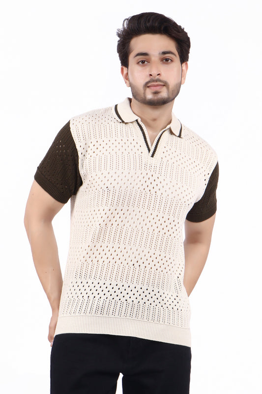 Men’s Contrast Sleeve Polo T-Shirt – Textured Knit Design | TheLwals