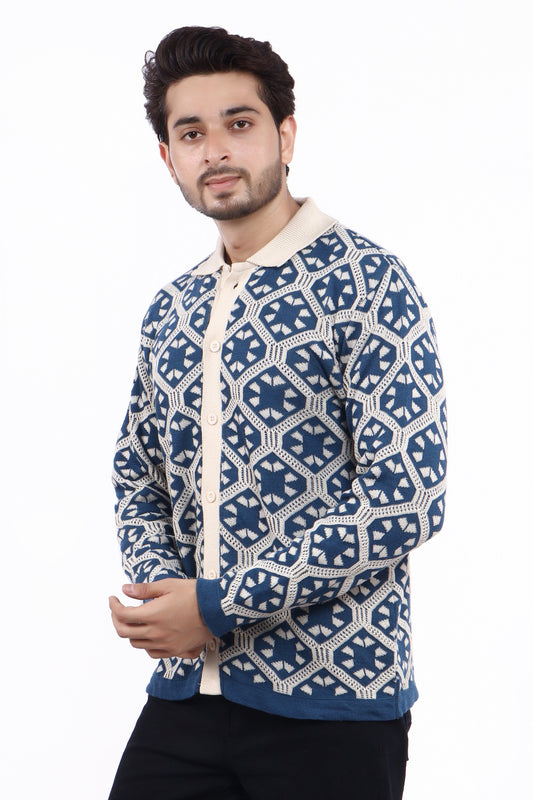 Men’s Geometric Knit Full-Sleeve Polo – Blue & White Pattern