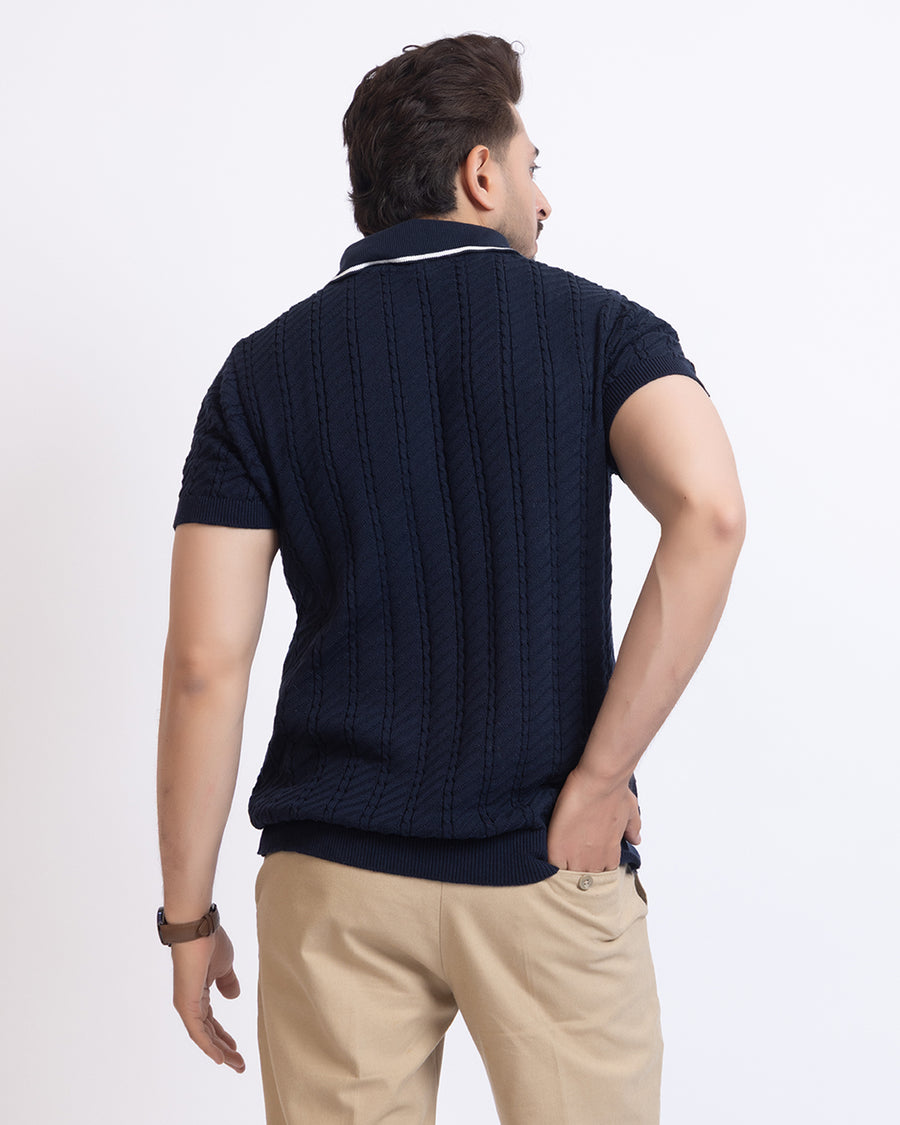THE LWALS Signature Cable Knit Polo – Navy