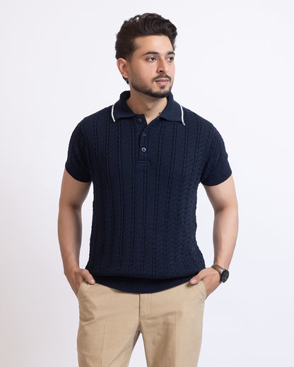 THE LWALS Signature Cable Knit Polo – Navy