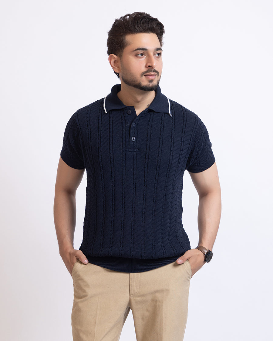 THE LWALS Signature Cable Knit Polo – Navy
