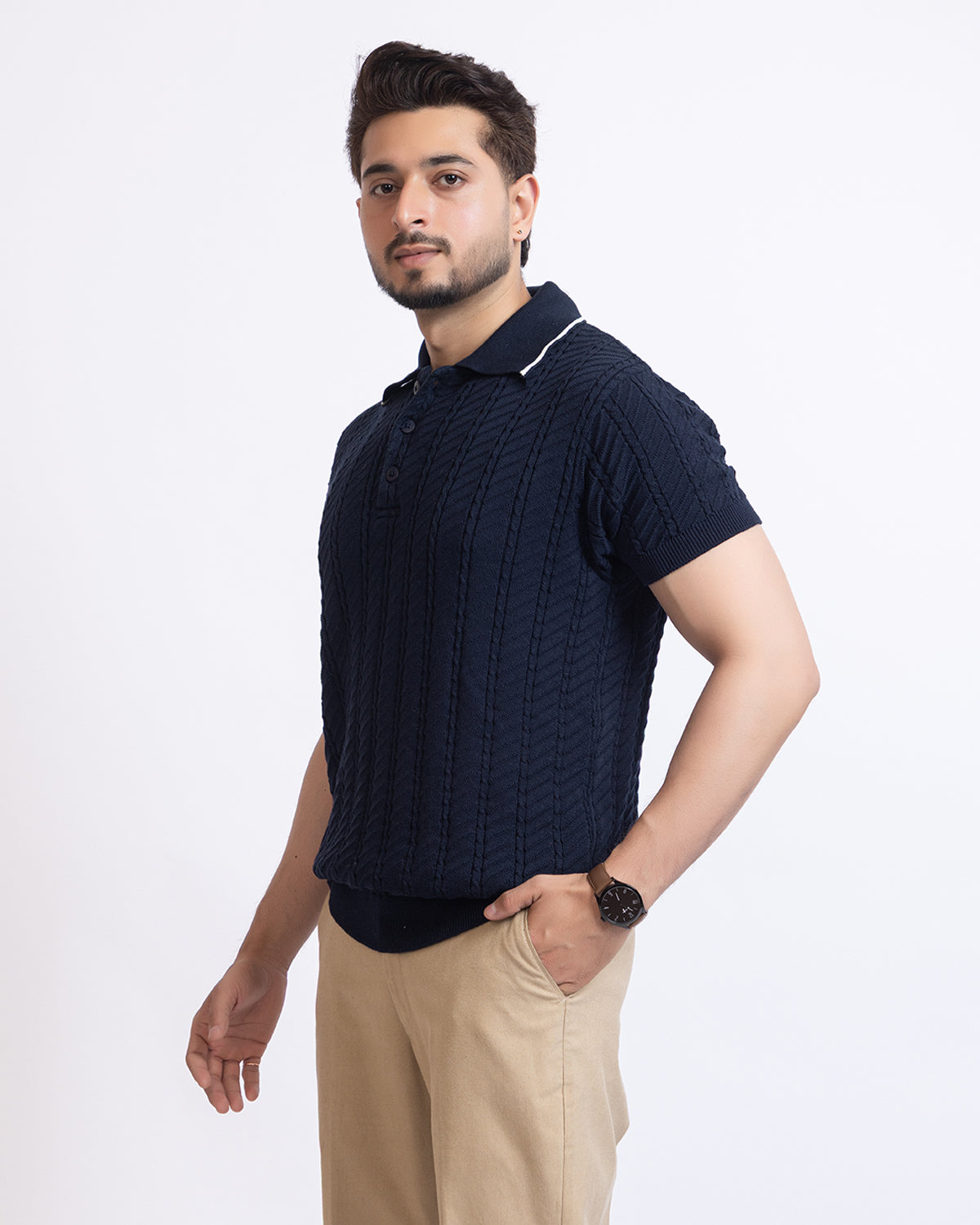 THE LWALS Signature Cable Knit Polo – Navy