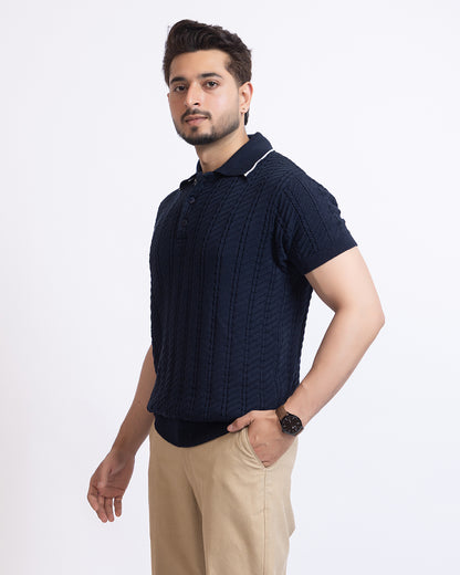 THE LWALS Signature Cable Knit Polo – Navy
