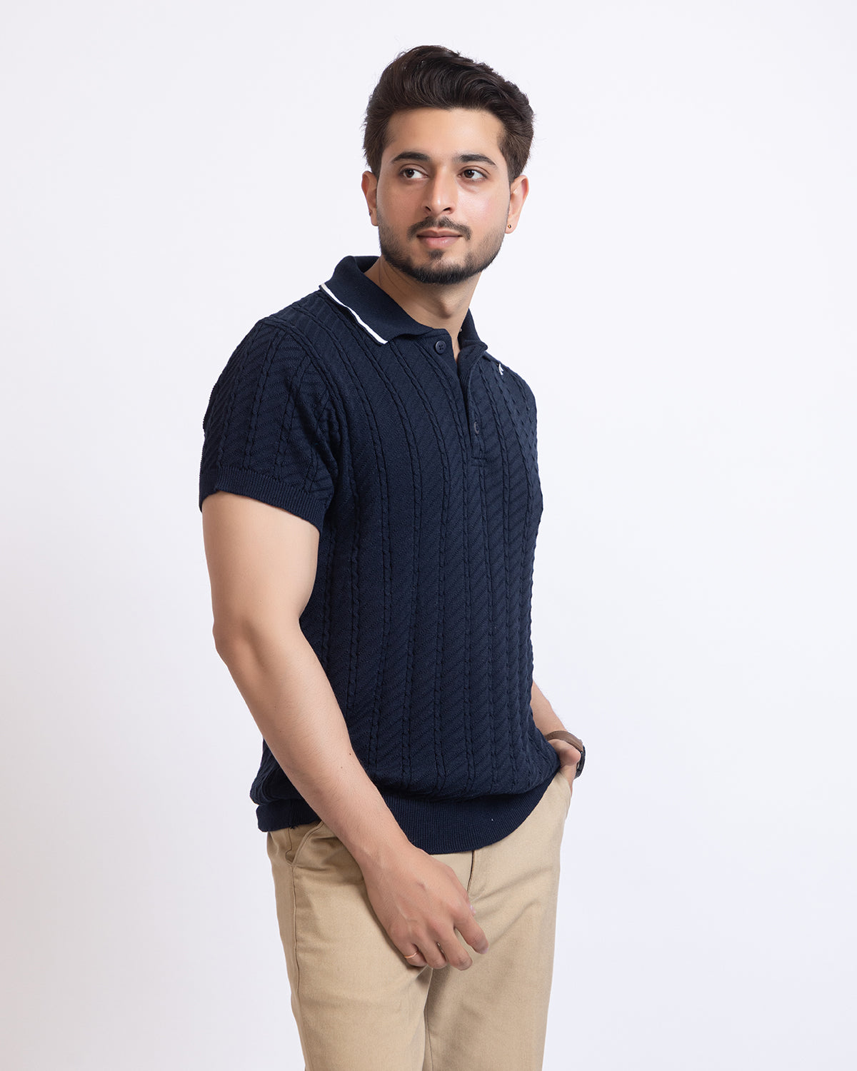 THE LWALS Signature Cable Knit Polo – Navy