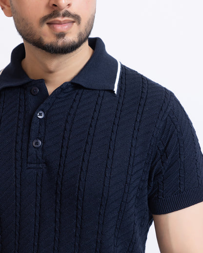 THE LWALS Signature Cable Knit Polo – Navy
