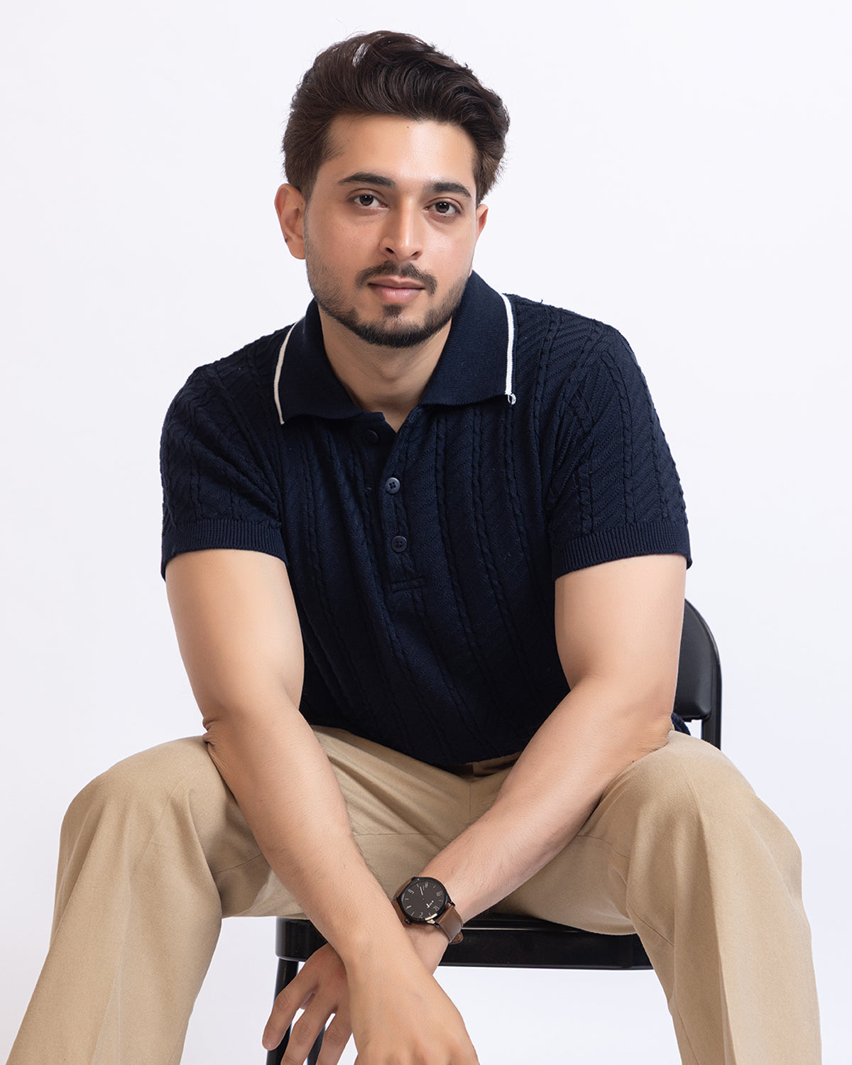THE LWALS Signature Cable Knit Polo – Navy