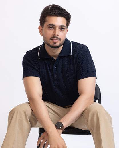 THE LWALS Signature Cable Knit Polo – Navy