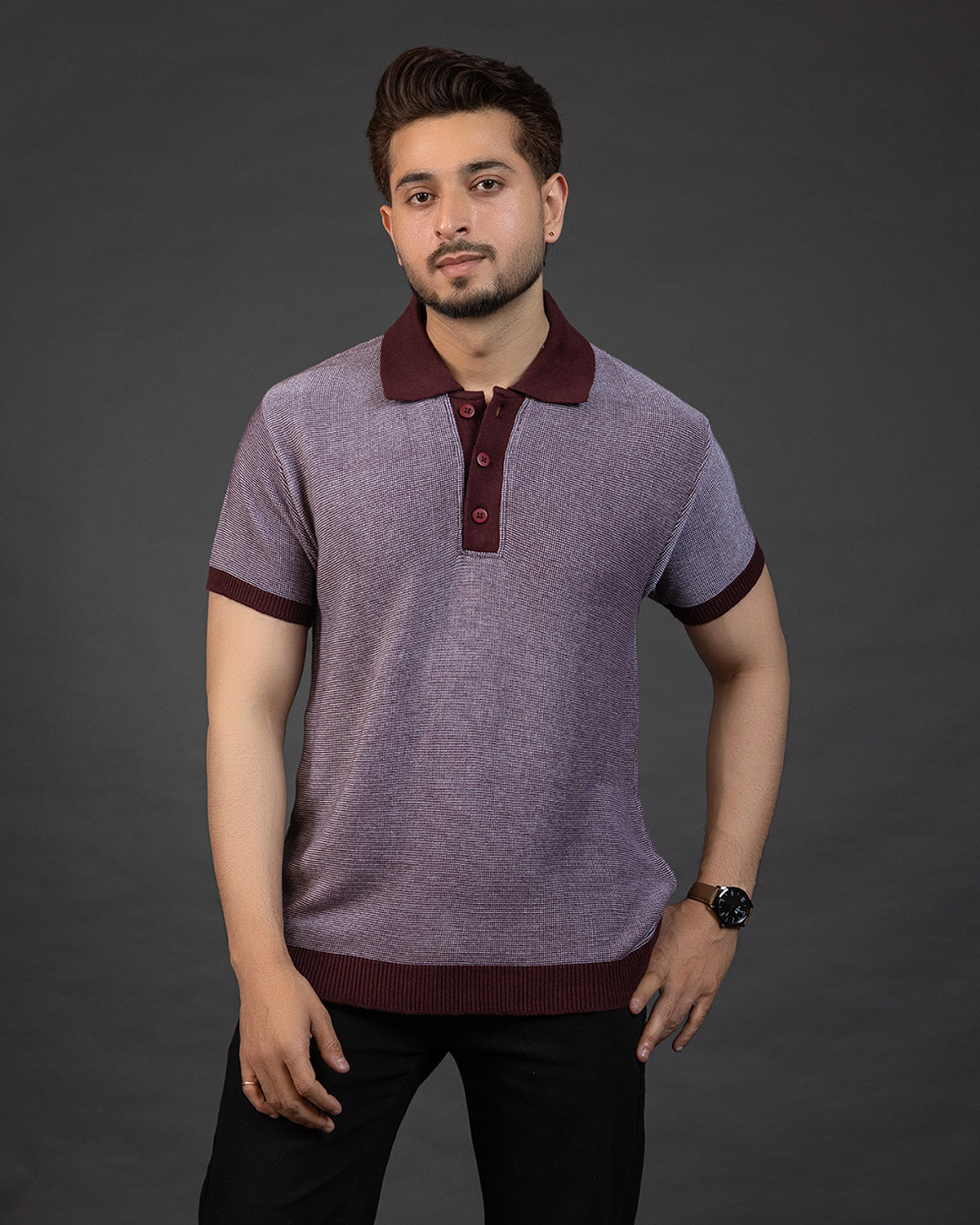 THE LWALS Signature Knit Polo – Maroon Contrast