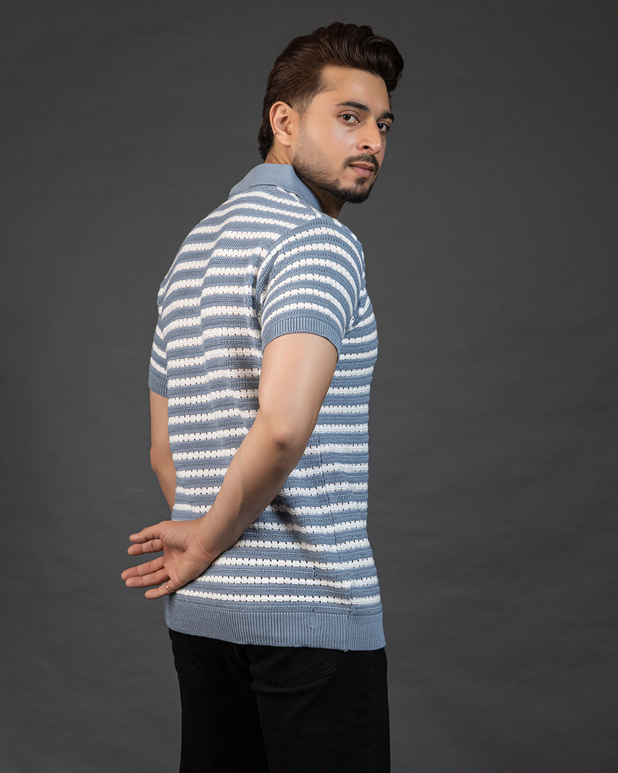 THE LWALS Striped Knit Polo – Sky Blue & White