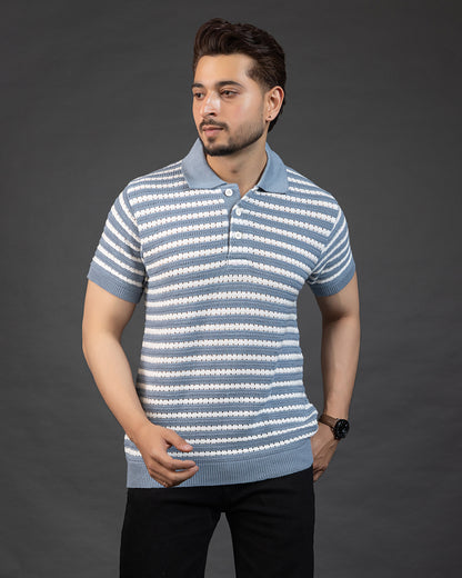 THE LWALS Striped Knit Polo – Sky Blue & White