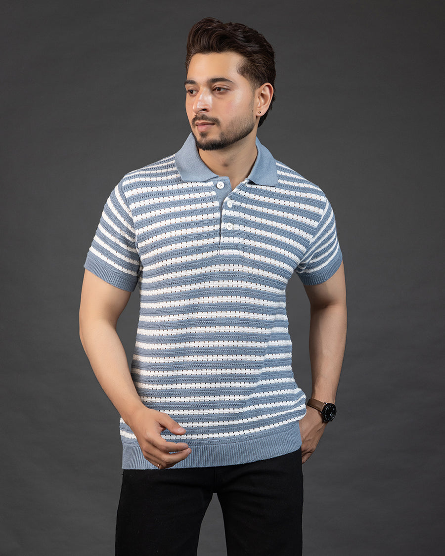 THE LWALS Striped Knit Polo – Sky Blue & White