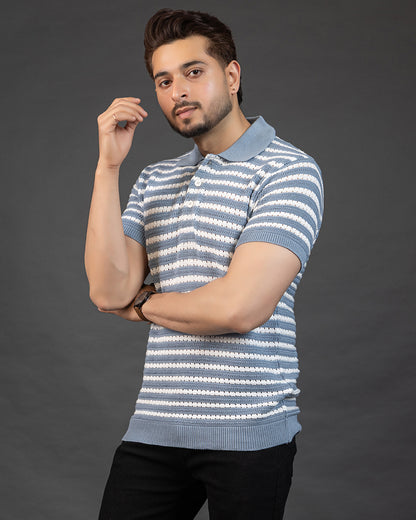 THE LWALS Striped Knit Polo – Sky Blue & White