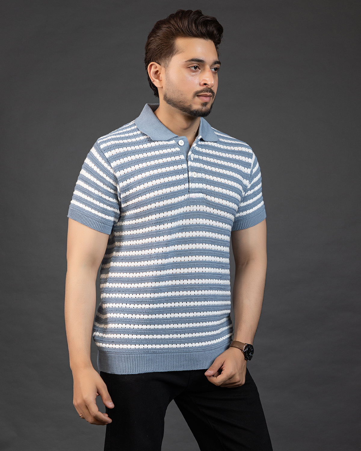 THE LWALS Striped Knit Polo – Sky Blue & White