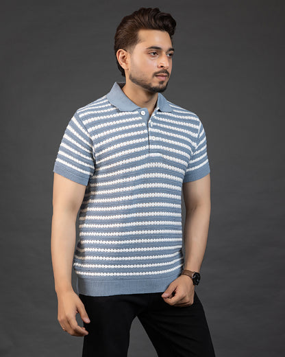 THE LWALS Striped Knit Polo – Sky Blue & White