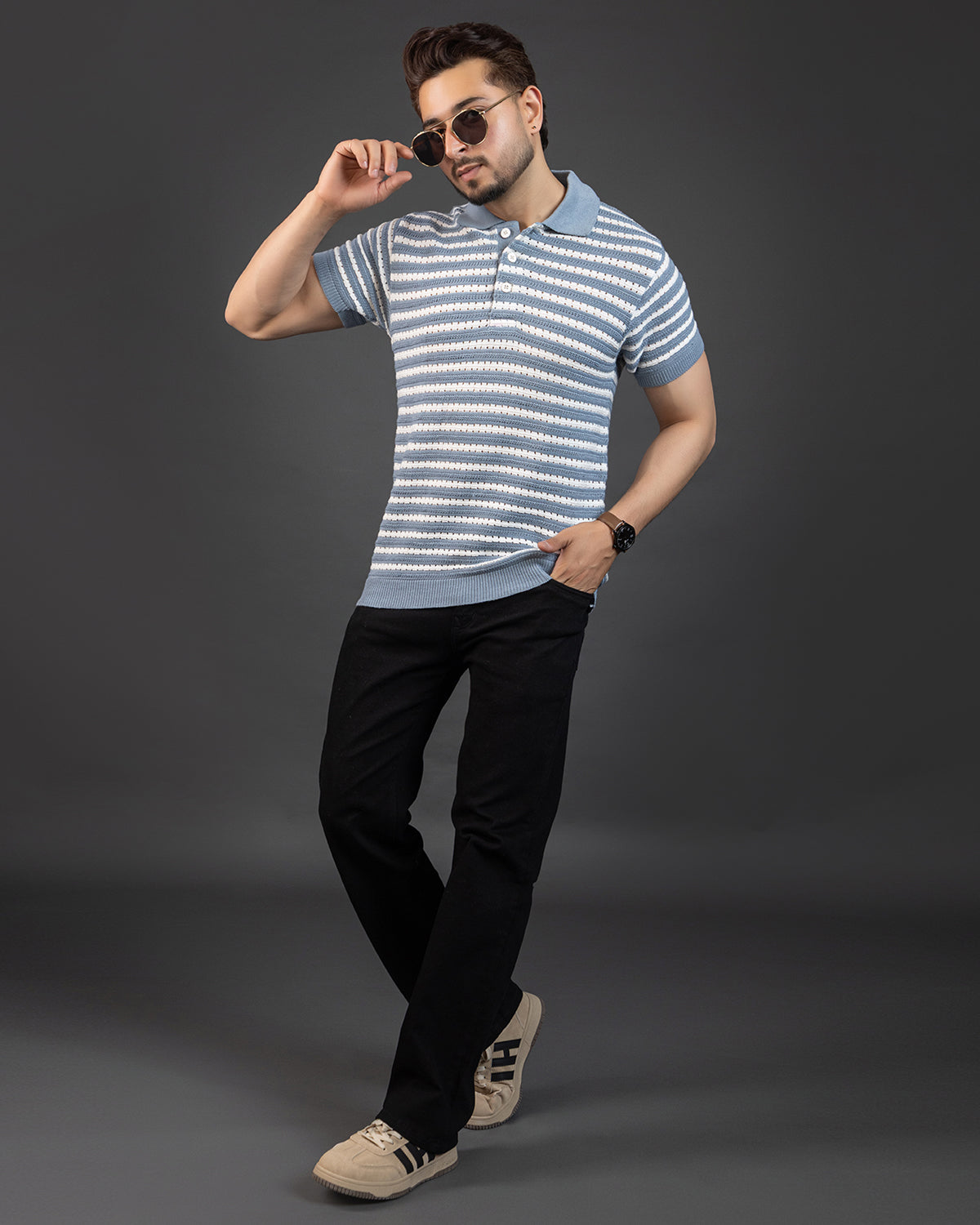 THE LWALS Striped Knit Polo – Sky Blue & White