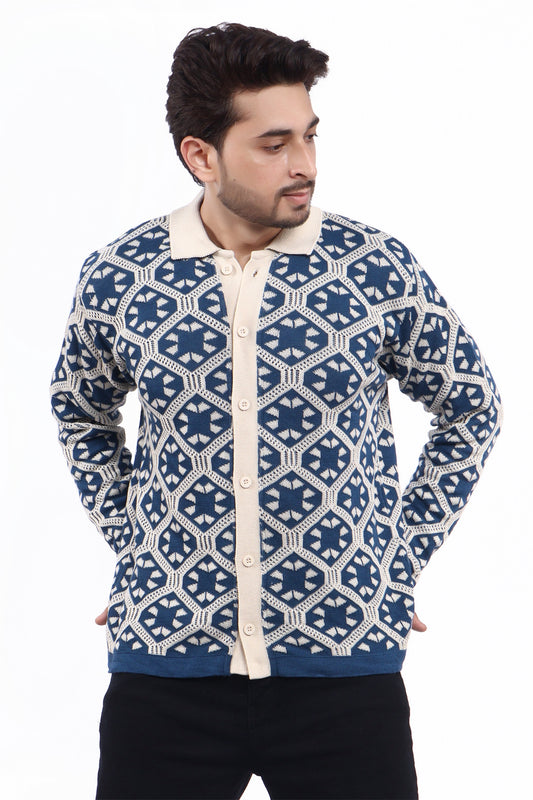 Men’s Geometric Knit Full-Sleeve Polo – Blue & White Pattern