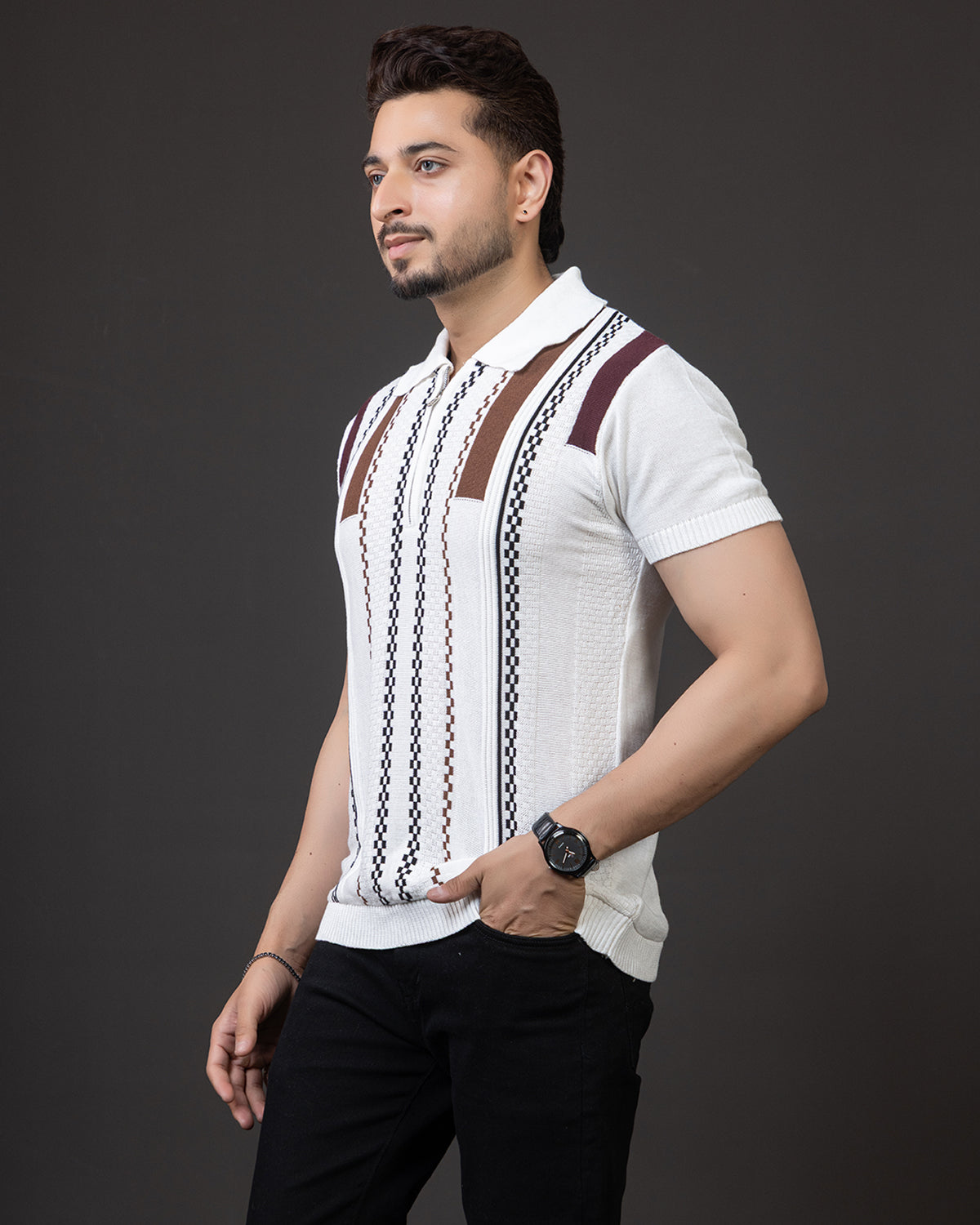 LWALS Textured Stripe Knit Polo T-Shirt – Zip Neck Premium Fit