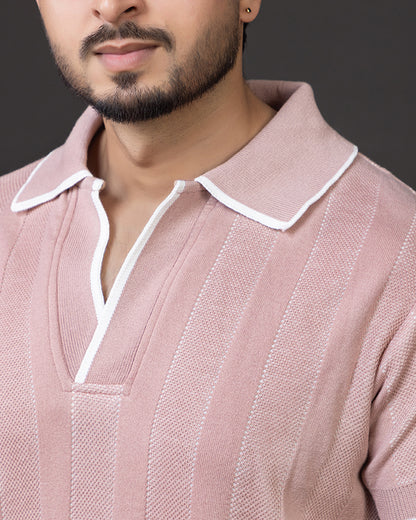 Blush Textured Knit Polo T-Shirt – Premium Summer Essential