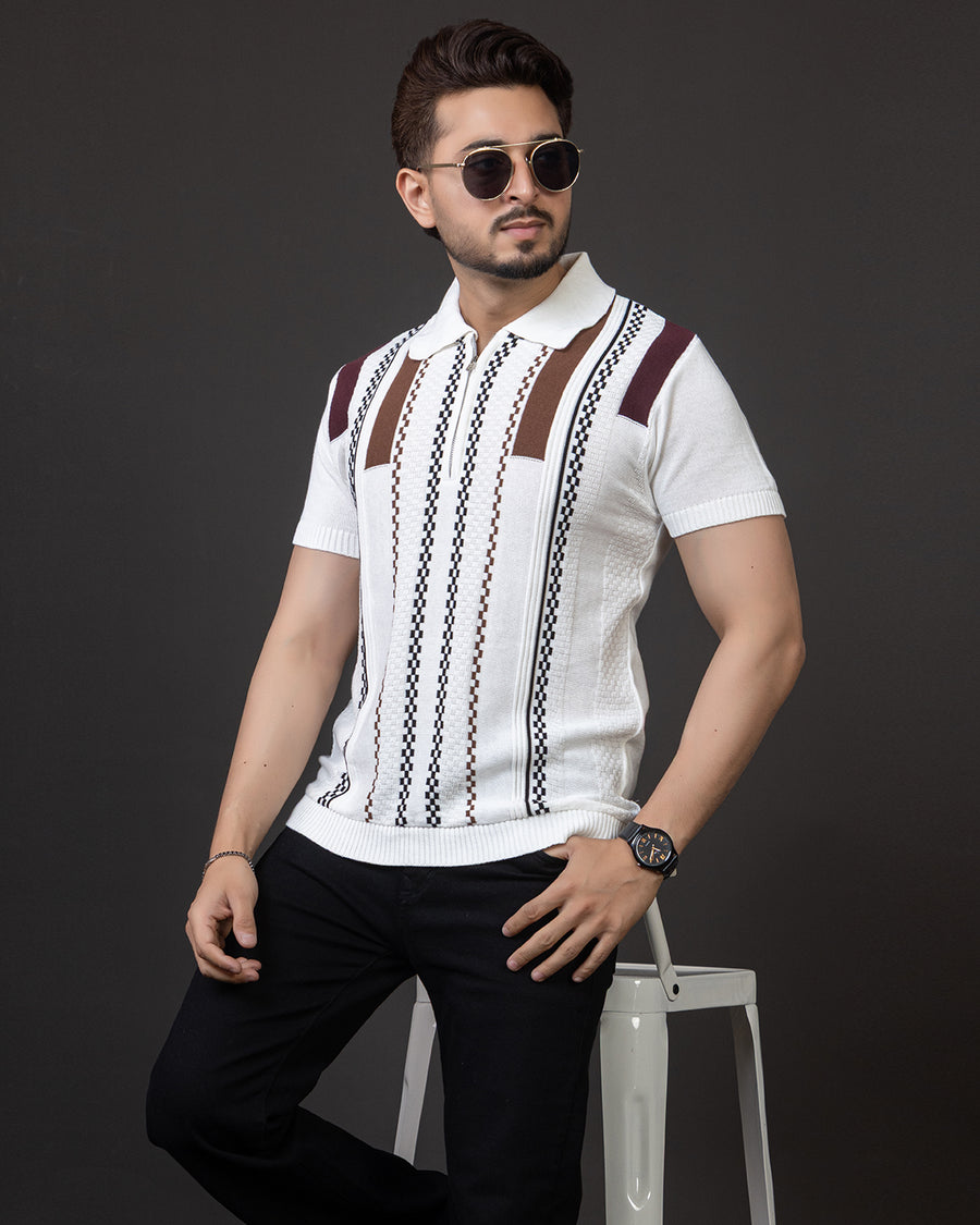 LWALS Textured Stripe Knit Polo T-Shirt – Zip Neck Premium Fit