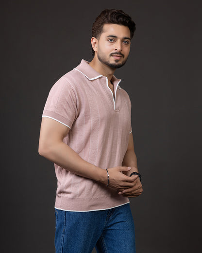 Blush Textured Knit Polo T-Shirt – Premium Summer Essential