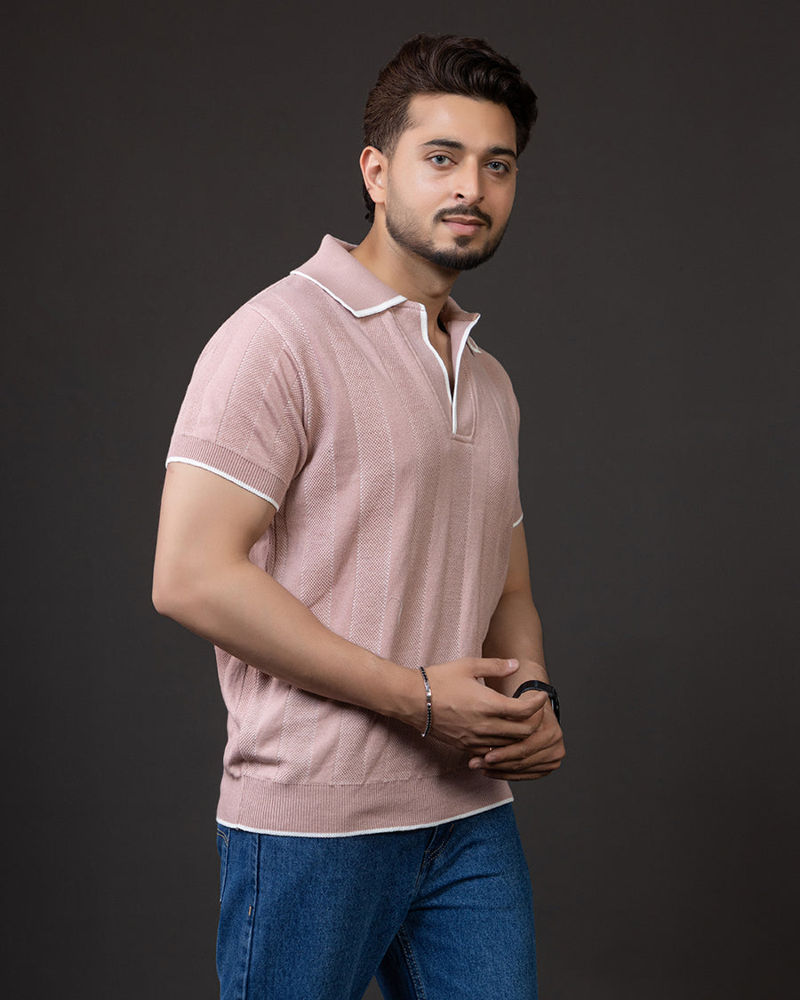 Blush Textured Knit Polo T-Shirt – Premium Summer Essential