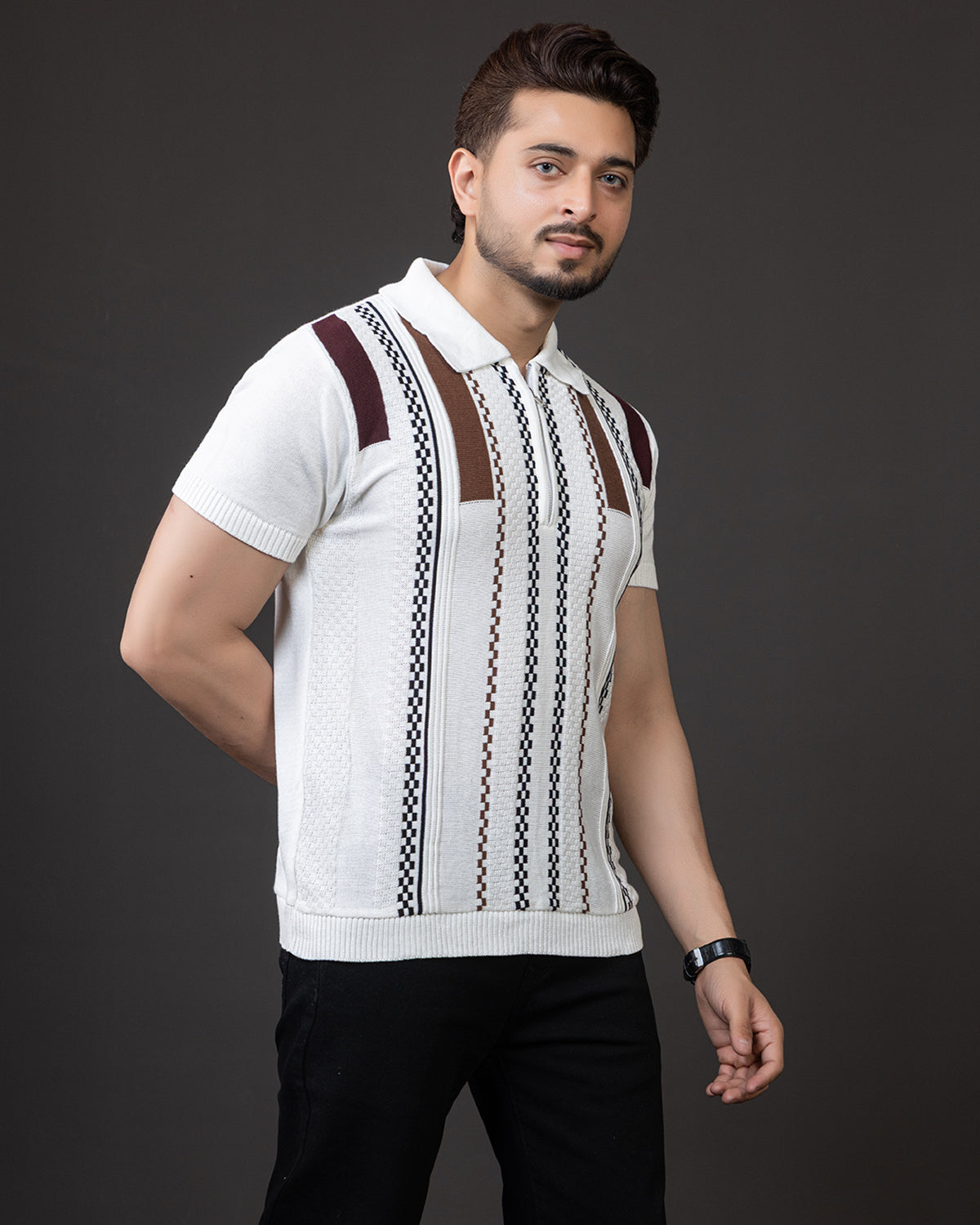 LWALS Textured Stripe Knit Polo T-Shirt – Zip Neck Premium Fit