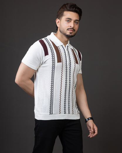 LWALS Textured Stripe Knit Polo T-Shirt – Zip Neck Premium Fit