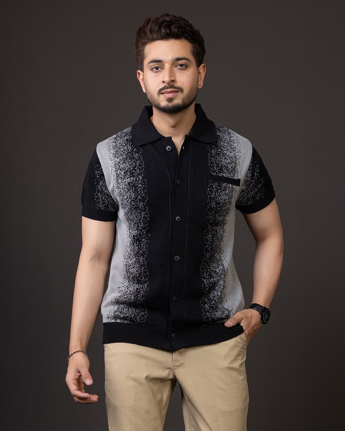 THE LWALS Gradient Knit Polo Shirt – Black Grey Premium Textured Collection