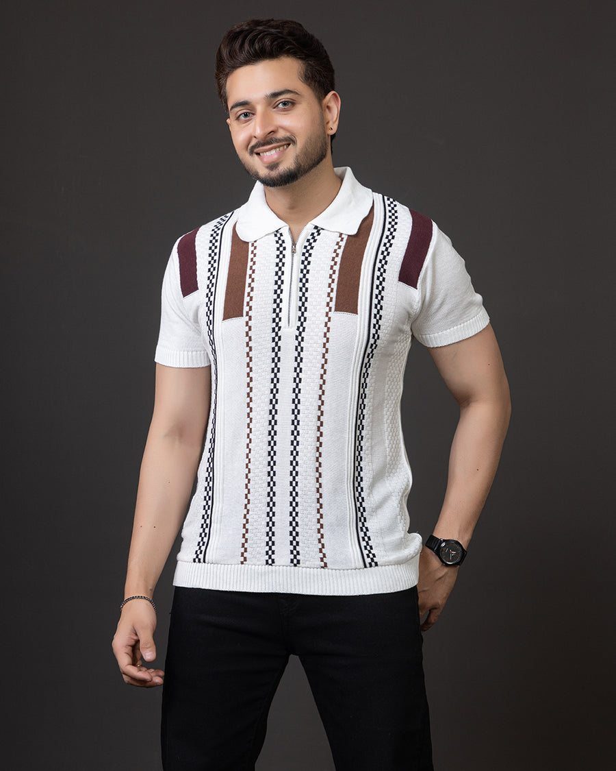 LWALS Textured Stripe Knit Polo T-Shirt – Zip Neck Premium Fit