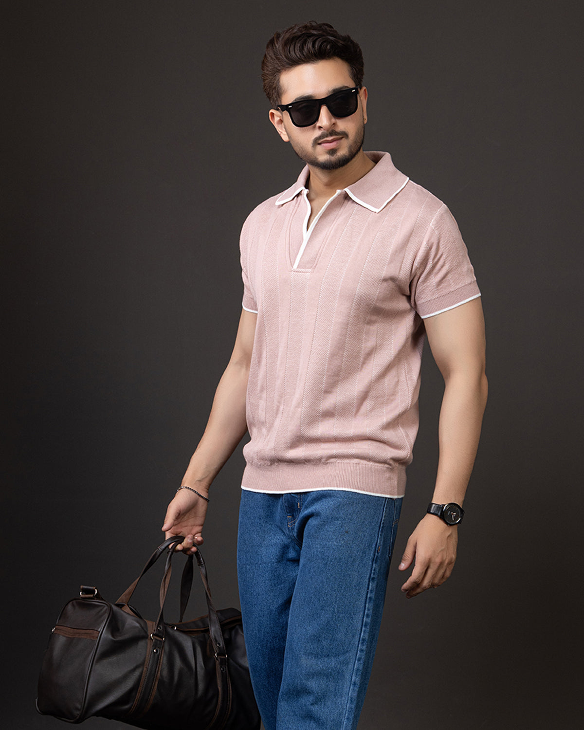 Blush Textured Knit Polo T-Shirt – Premium Summer Essential