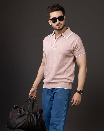 Blush Textured Knit Polo T-Shirt – Premium Summer Essential