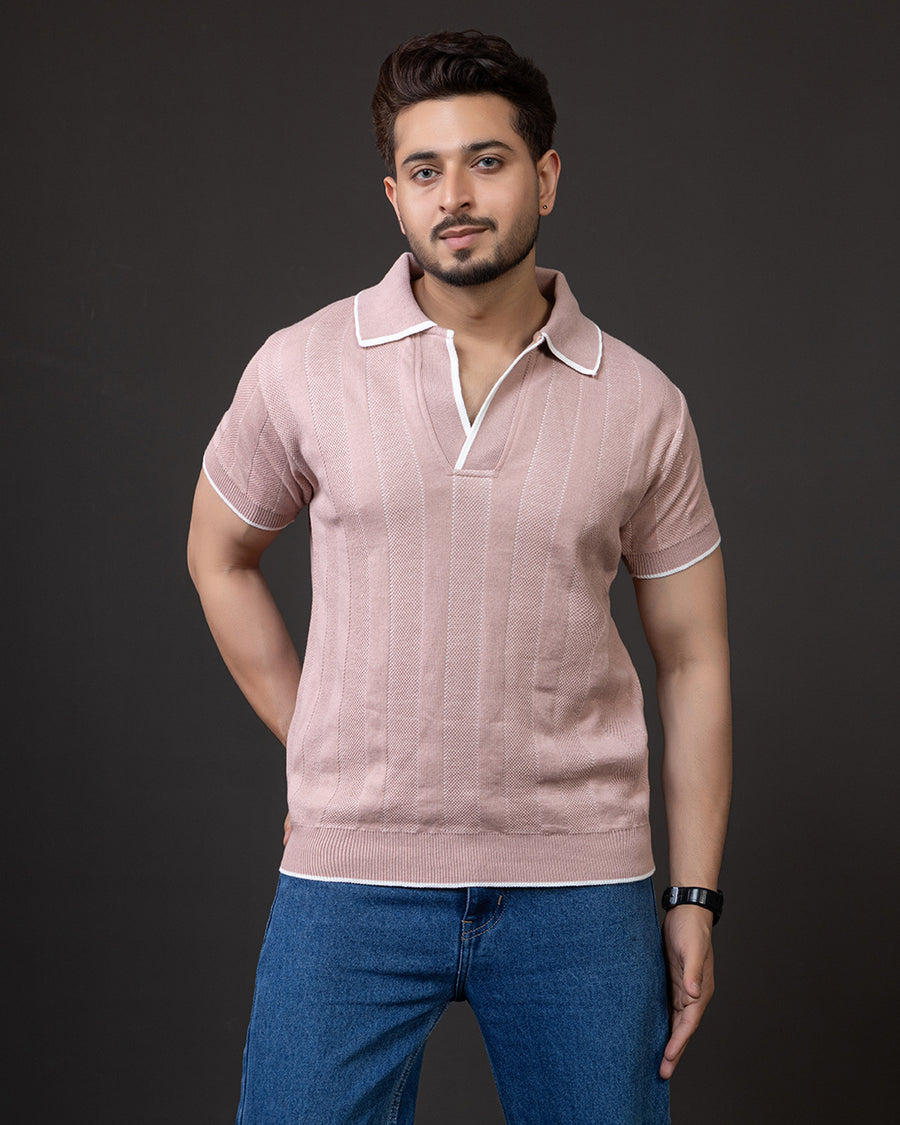 Blush Textured Knit Polo T-Shirt – Premium Summer Essential
