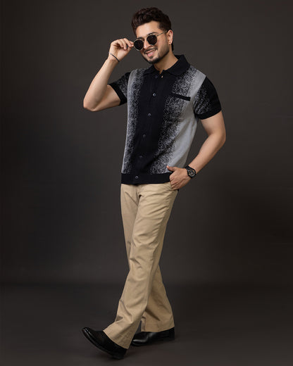 THE LWALS Gradient Knit Polo Shirt – Black Grey Premium Textured Collection