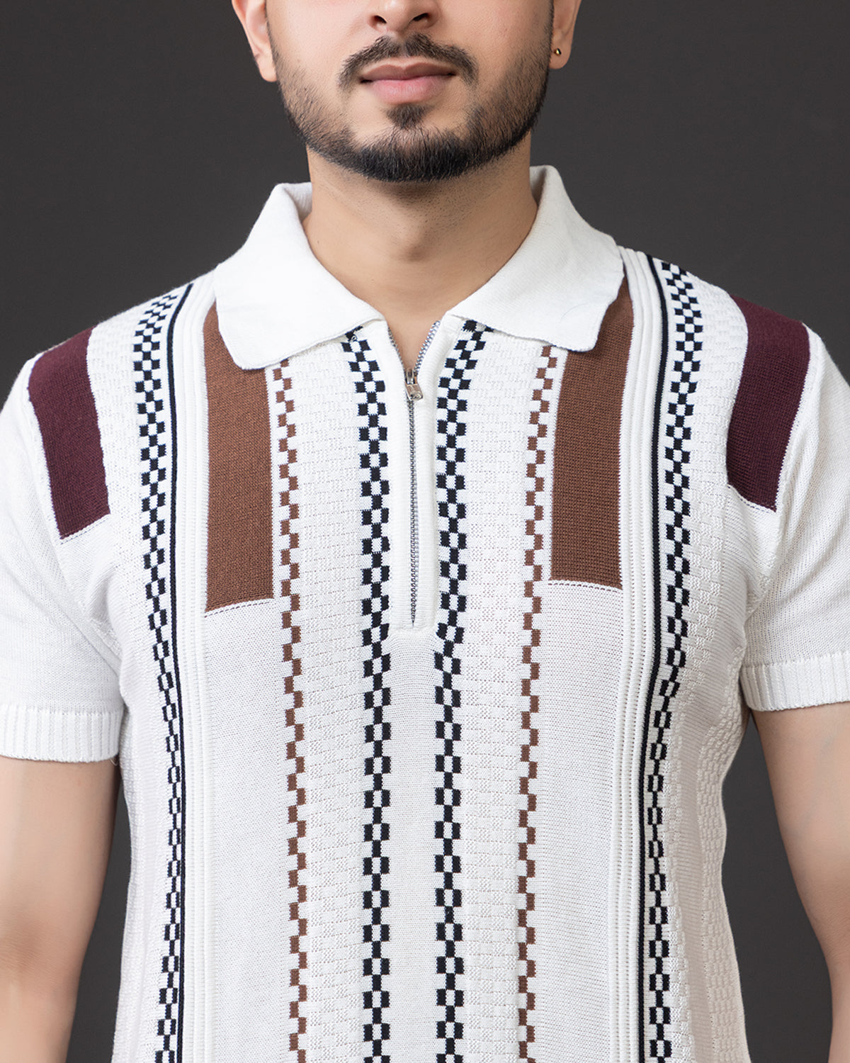 LWALS Textured Stripe Knit Polo T-Shirt – Zip Neck Premium Fit