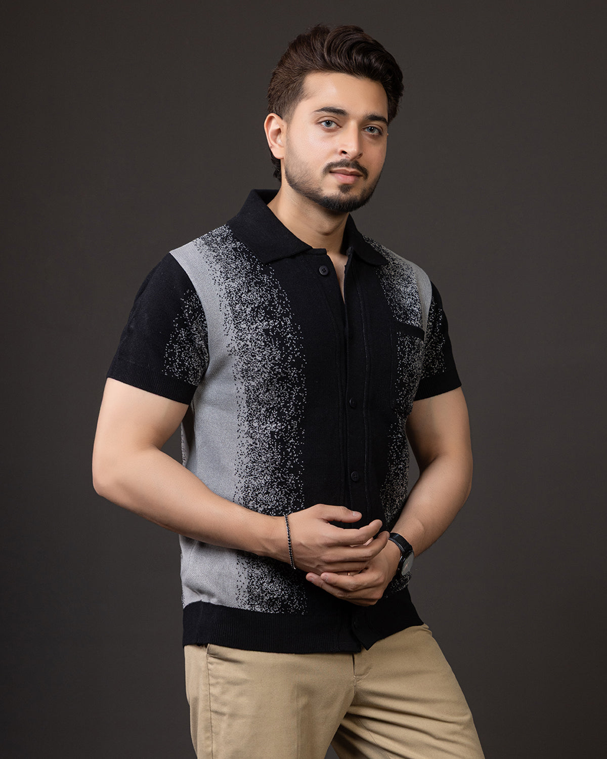 THE LWALS Gradient Knit Polo Shirt – Black Grey Premium Textured Collection