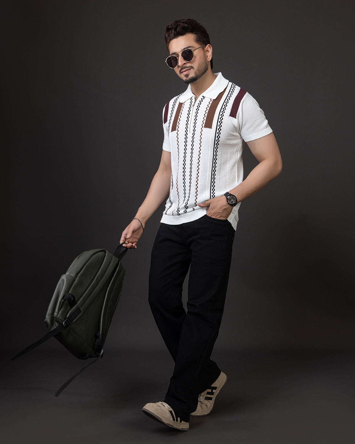 LWALS Textured Stripe Knit Polo T-Shirt – Zip Neck Premium Fit
