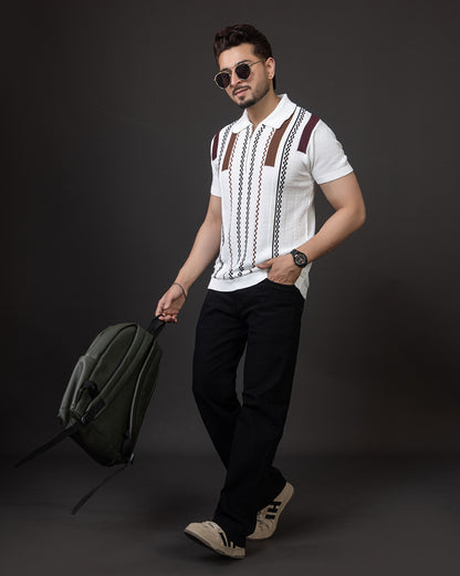 LWALS Textured Stripe Knit Polo T-Shirt – Zip Neck Premium Fit